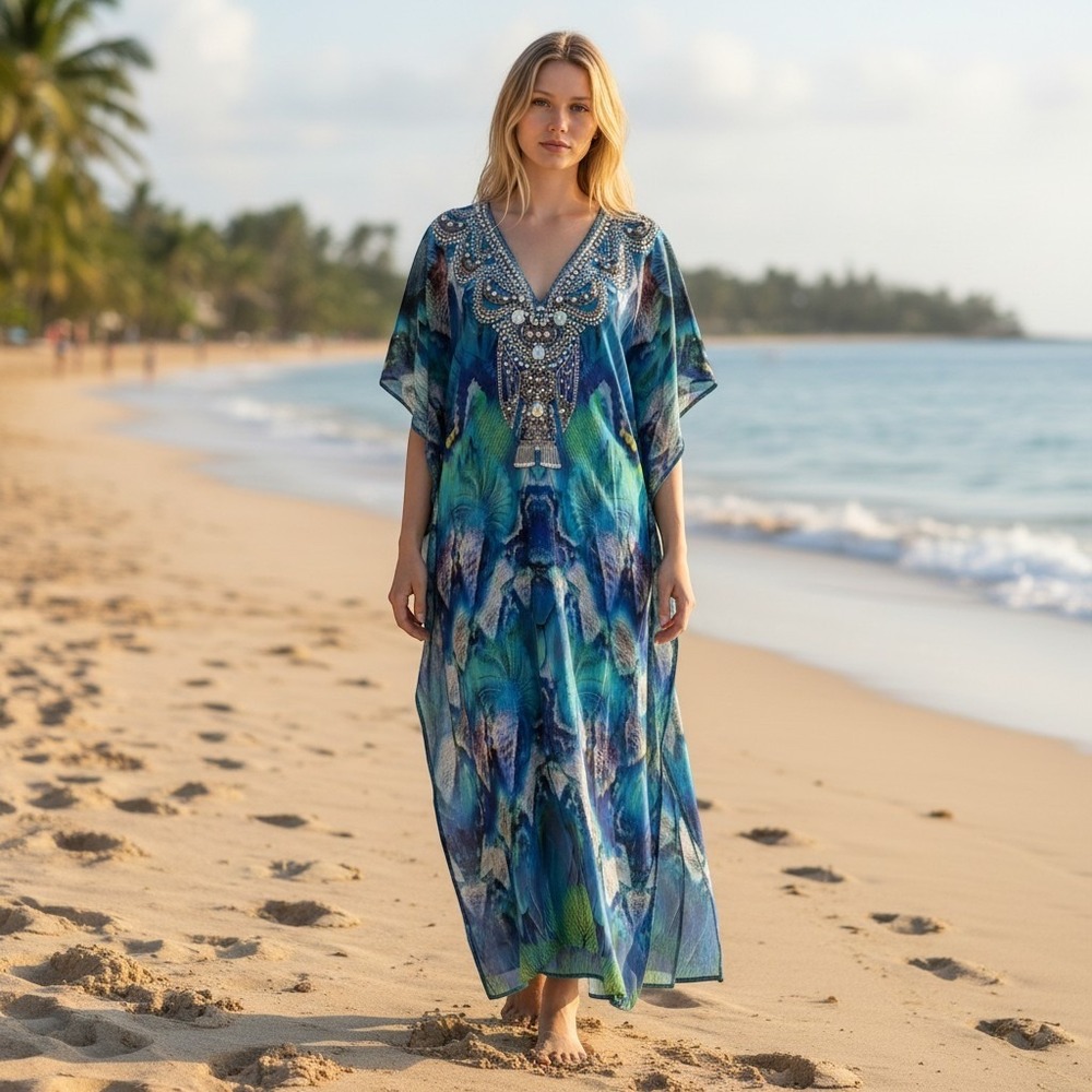Sakkas Blue Peacock Feather Print Embellished Kaftan Maxi Dress OS Viscose Silk